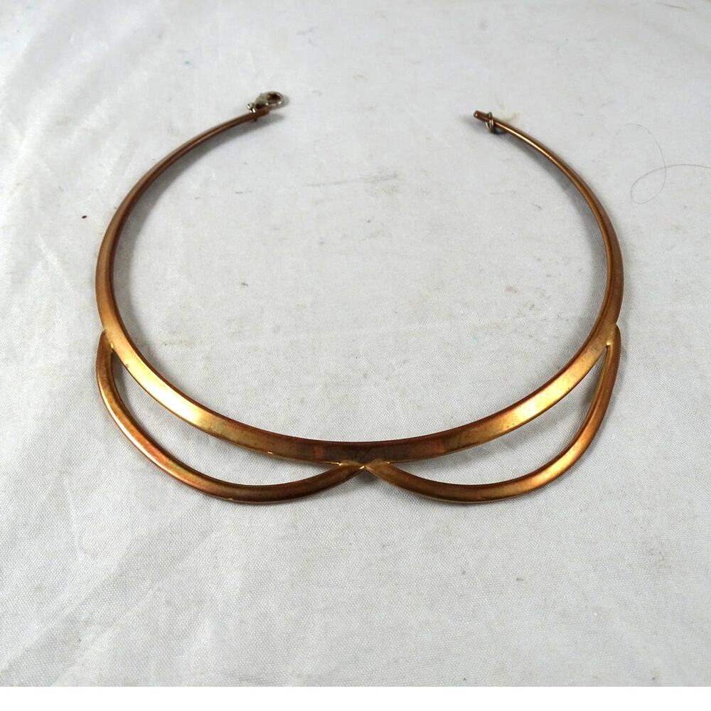Vintage 1970s Metal Collar Choker Necklace Copper Patina Statement Jewelry